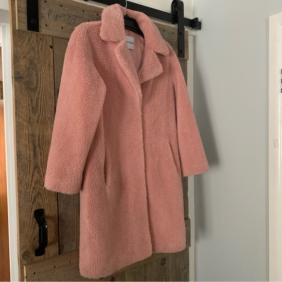 Women’s 38 STAND STUDIO CAMILLE COCOON Champagne Pink Fleece Teddy Coat EXC - Picture 4 of 13